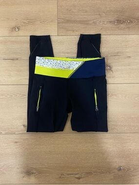 lululemon Black Leggings with Neon Lime Waist and Teal Print